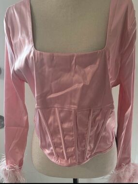 Pink Satin Corset Top with Feather Cuffs